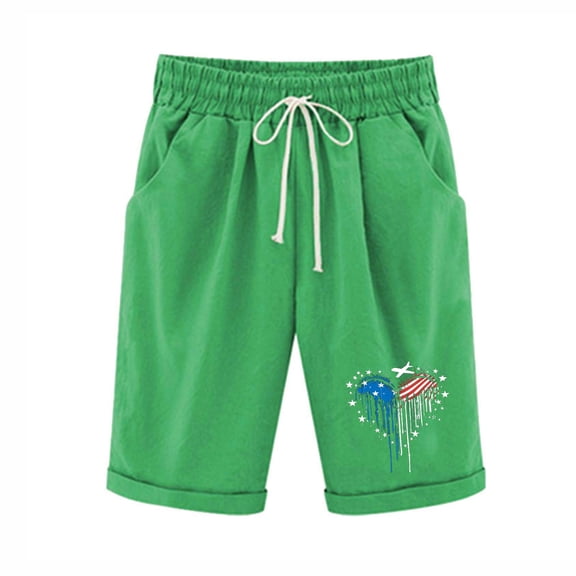 MIUOWANP Women's Elastic Waist Shorts with Pockets Independence Day Print Drawstring Waist High Waisted Wide Leg Straight Leg Half Pants Size S(4)Green
