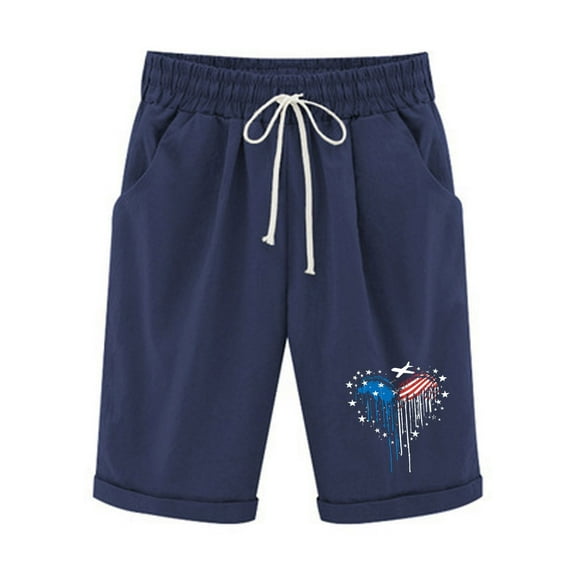 MIUOWANP Women's Elastic Waist Shorts with Pockets Independence Day Print Drawstring Waist High Waisted Wide Leg Straight Leg Half Pants Size S(4)Navy