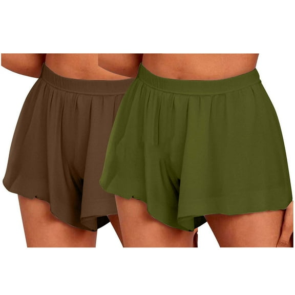 MIUOWANP Women's Elastic Waist Shorts Solid Color Casual Shorts ComfortableRuffled Leg Shorts Size M(Brown Army Green)