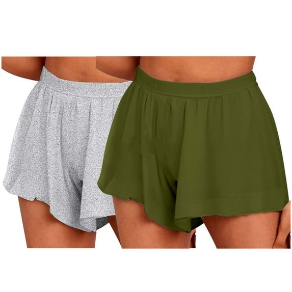 MIUOWANP Women's Elastic Waist Shorts Solid Color Casual Shorts ComfortableRuffled Leg Shorts Size XXL(Army Green+Gray)