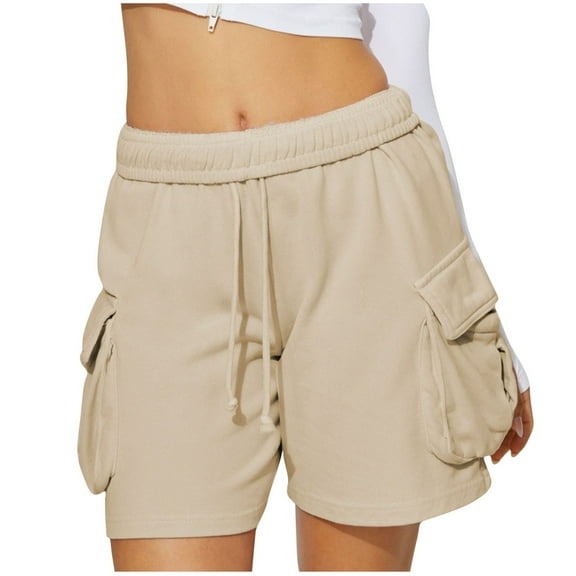 MIUOWANP Women's Elastic Waist Shorts Solid Color Drawstring Waist Shorts with Pockets Breathable Relaxed Fit Shorts Size S(4)Beige