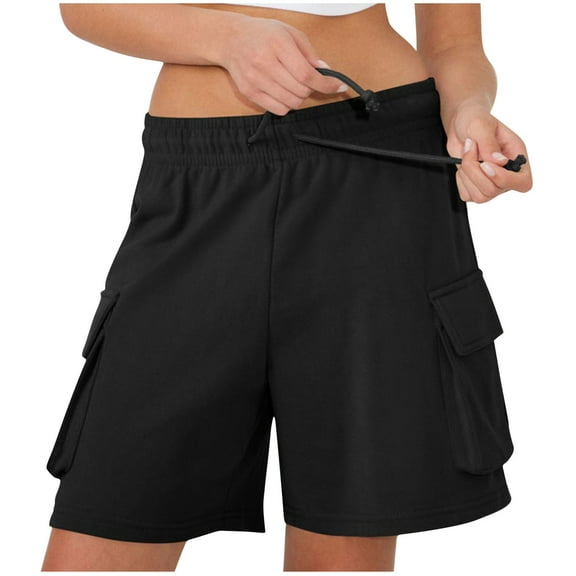 MIUOWANP Women's Elastic Waist Shorts Solid Color Drawstring Waist Shorts with Pockets Breathable Relaxed Fit Shorts Size S(4)Black