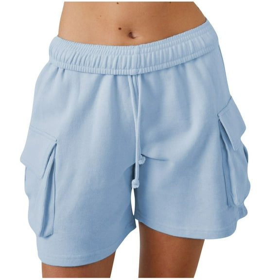 MIUOWANP Women's Elastic Waist Shorts Solid Color Drawstring Waist Shorts with Pockets Breathable Relaxed Fit Shorts Size XL(10)Blue