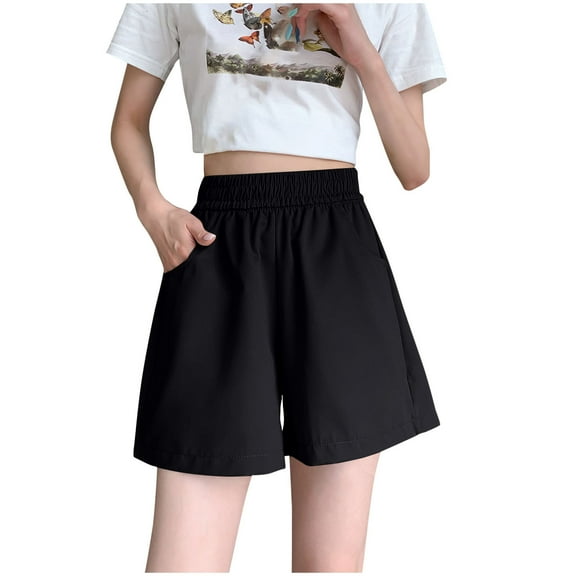 MIUOWANP Women's Elastic Waist Shorts Solid Color High Waisted and Wide Legged Shorts Lightweight Utility Shorts