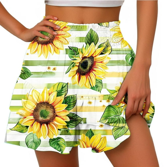 MIUOWANP Women's Elastic Waist Shorts Sunflower Print Relaxed Fit Shorts Comfortable Breathable Ruffled Leg Shorts Size XL(10)Yellow