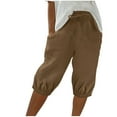 thumbnail image 1 of MIUOWANP Women's Elastic Waist Shorts with Pockets Drawstring Waist Solid Color Bound Feet Half Pants Size XXL(12)Khaki, 1 of 6