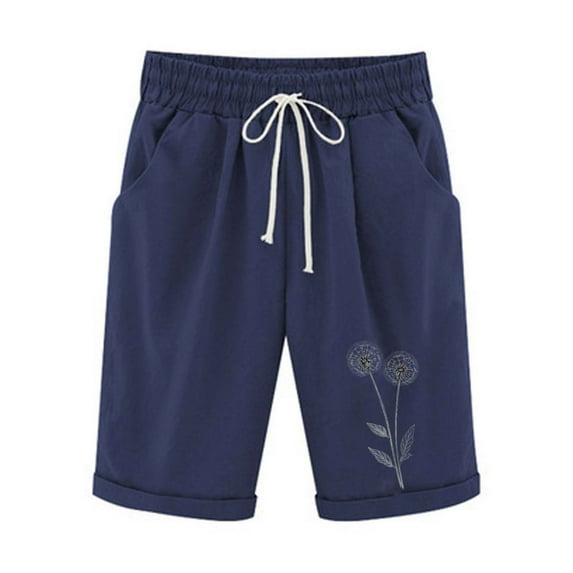 MIUOWANP Women's Elastic Waist Shorts with Pockets Floral Print Drawstring Waist Cotton-Linen Blend Half Pants