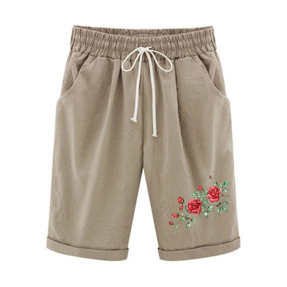 MIUOWANP Women's Elastic Waist Shorts with Pockets Floral Print Drawstring Waist High Waisted Wide Leg Straight Leg Half Pants Size L(8)Khaki