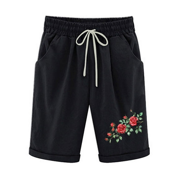 MIUOWANP Women's Elastic Waist Shorts with Pockets Floral Print Drawstring Waist High Waisted Wide Leg Straight Leg Half Pants Size M(6)Black