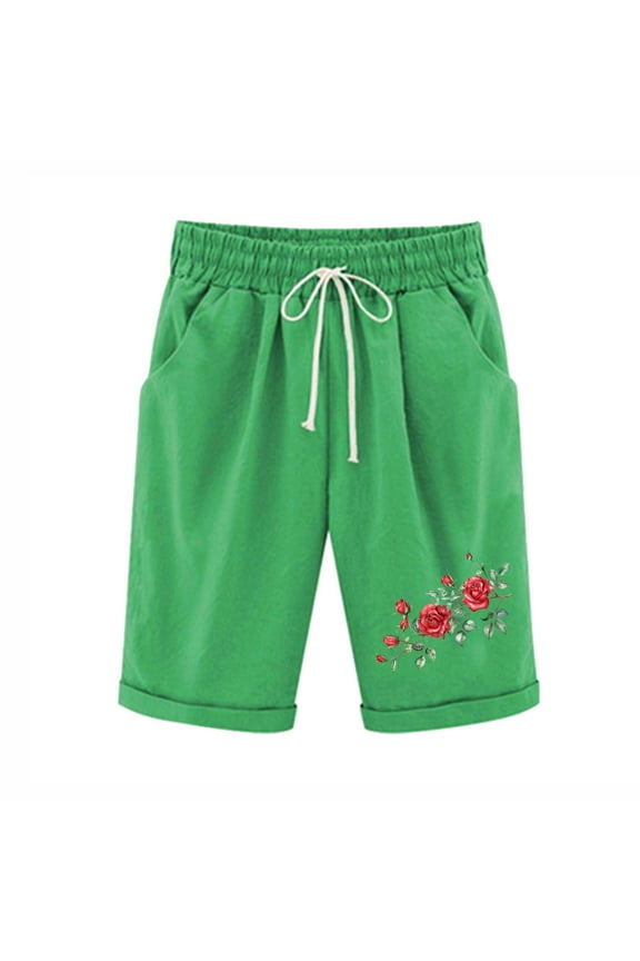 Women's Elastic Waist Shorts with Pockets Floral Print Drawstring Waist High Waisted Wide Leg Straight Leg Half Pants Size XXL(12)Green