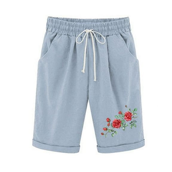 MIUOWANP Women's Elastic Waist Shorts with Pockets Floral Print Drawstring Waist High Waisted Wide Leg Straight Leg Half Pants Size XXL(12)Light Blue