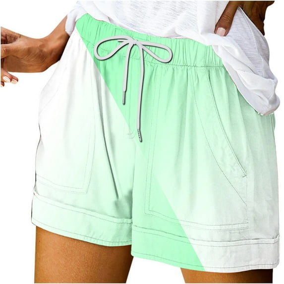 MIUOWANP Women's Elastic Waist Shorts with Pockets Gradient Color Blocking Print High-Waist Pants Breathable Casual Shorts Size S(4)Green