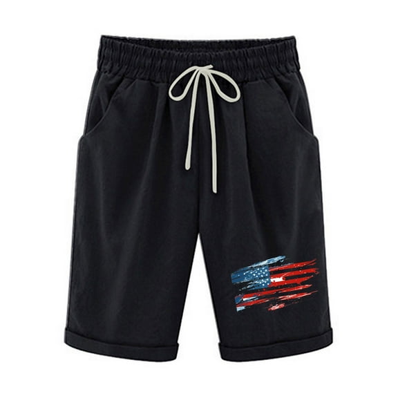 MIUOWANP Women's Elastic Waist Shorts with Pockets Independence Day Print Drawstring Waist Cotton-Linen Blend Half Pants Size M(6)Black