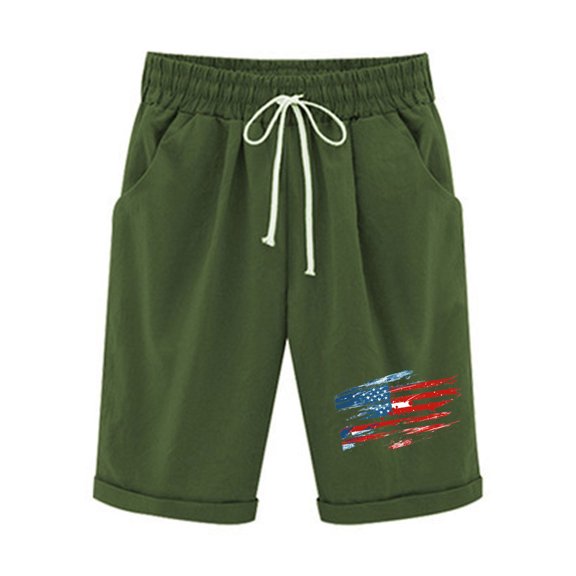 MIUOWANP Women's Elastic Waist Shorts with Pockets Independence Day Print Drawstring Waist Cotton-Linen Blend Half Pants Size S(4)Army Green