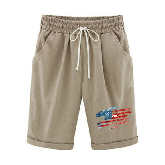 MIUOWANP Women's Elastic Waist Shorts with Pockets Independence Day Print Drawstring Waist Cotton-Linen Blend Half Pants Size S(4)Khaki