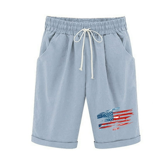 MIUOWANP Women's Elastic Waist Shorts with Pockets Independence Day Print Drawstring Waist Cotton-Linen Blend Half Pants Size XXL(12)Light Blue