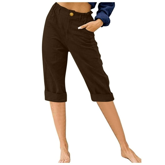 MIUOWANP Women's Elastic Waist Shorts with Pockets Solid Color Flattering Fit Button Zipper Capri Pants Size XXXL(14)Brown