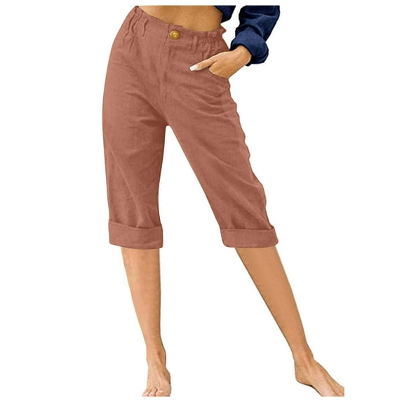 MIUOWANP Women's Elastic Waist Shorts with Pockets Solid Color Flattering Fit Button Zipper Capri Pants Size XXXL(14)Khaki