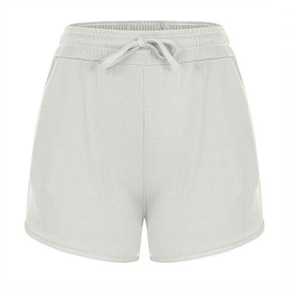 MIUOWANP Women's Elastic Waist Shorts with Pockets Solid Color High Waisted and Wide Legged Sports Shorts Size M(6)White