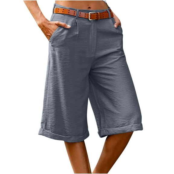 MIUOWANP Women's Elastic Waist Shorts with Pockets Solid Color Lightweight Casual Shorts with Belt Size M(6)Gray