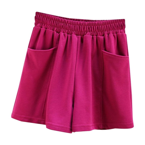 MIUOWANP Women's Elastic Waist Shorts with Pockets Solid Color Simple Style Sports Shorts Size M(6)Hot Pink