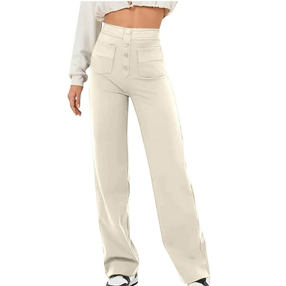 MIUOWANP Women's Elastic Waisted Pants with Pockets Solid Color Fake Buttons Slim Fit Straight Leg Pants Size L(8)Beige