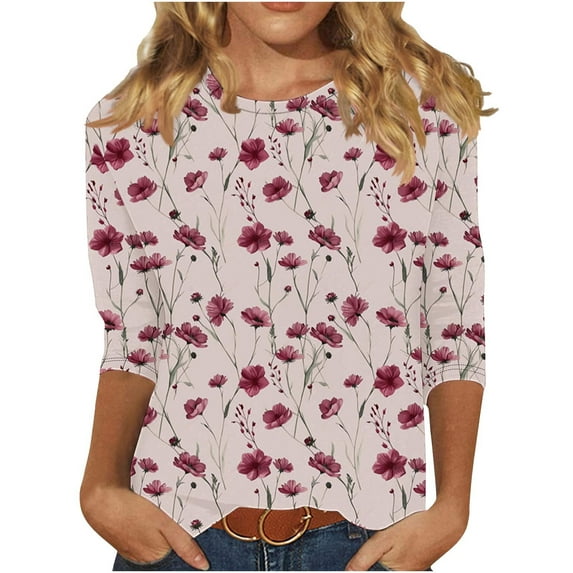 MIUOWANP Women's Fashion Casual 3/4 Sleeve Top Fashion Floral Print Crewneck Loose and Breathable 3/4 Sleeves Bloues Hot Pink XXXL