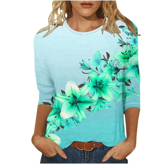 MIUOWANP Women's Fashion Casual Color Block Printing Round Neck 3/4 Sleeve T-shirt Top Blouse Ladies Plus Size Top Shirt on Sale Light Blue XXL