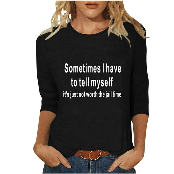 MaFYtyTPR Women's Fashi Casual Color Letters Printing Round Neck 3/4 Sleeve T-shirt Tops Blouse Ladies Plus Size Top Shirt Black S