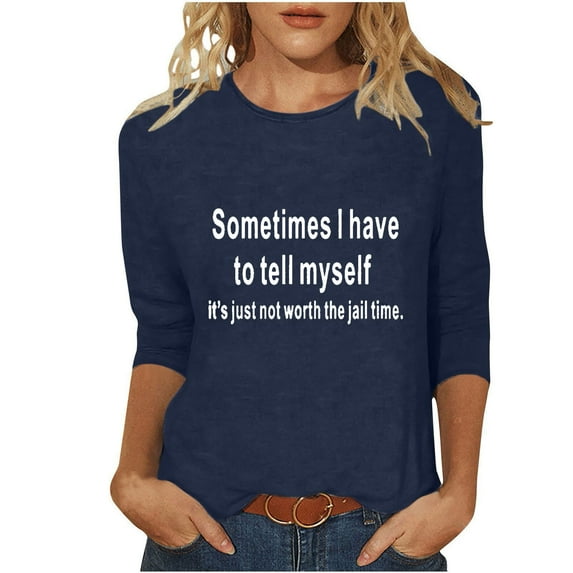 MaFYtyTPR Women's Fashi Casual Color Letters Printing Round Neck 3/4 Sleeve T-shirt Tops Blouse Ladies Plus Size Top Shirt Navy L