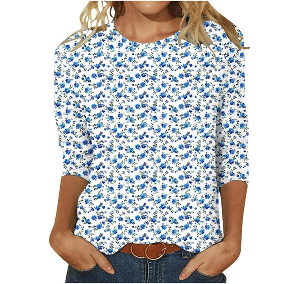 MaFYtyTPR Women's Fashion Casual Crewneck 3/4 Sleeve T-Shirts Floral Print Basic Tops Tees Blouses Loose and Breathable Top Shirt Blue XL