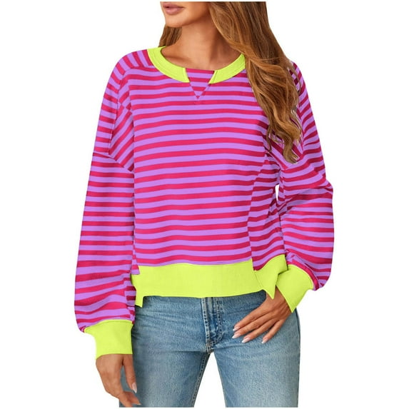 MIUOWANP Women's Fashion Hoodies Zip up Womens Casual Color Blocked Blouses Long Sleeved Round Neck Top/shirts Hot Pink L