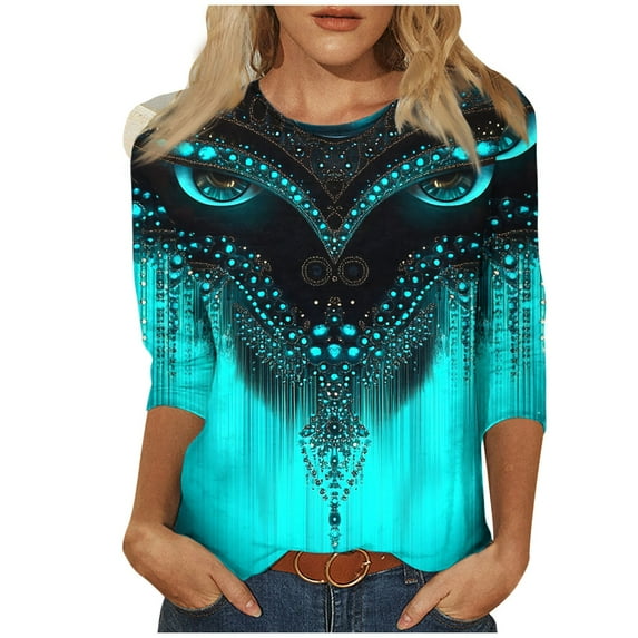 MaFYtyTPRWomen's Fashion Printed T-shirt 3/4 Sleeves Blouse Round Neck Casual Tops 2025