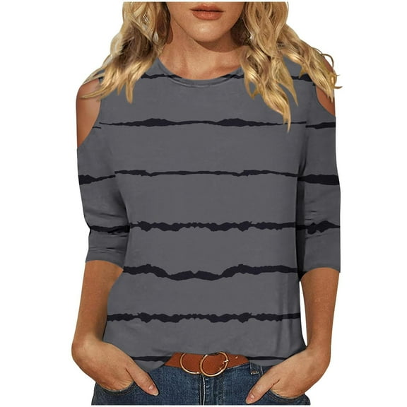 MaFYtyTPR Women's Fashi Printed T-shirt 3/4 Sleeves Blouse Round Neck Casual Tops Ladies Plus Size Top Shirt Dark Gray M
