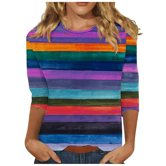 MaFYtyTPR Women's Fashi Printed T-shirt 3/4 Sleeves Blouse Round Neck Casual Tops Ladies Plus Size Top Shirt Red S