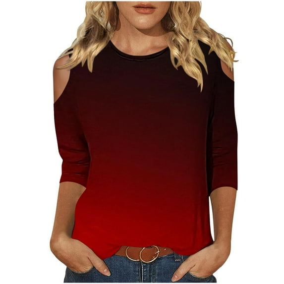 MIUOWANP Women's Fashion Printed T-shirt 3/4 Sleeves Blouse Round Neck Casual Tops Ladies Plus Size Top Shirt on Sale Red XL