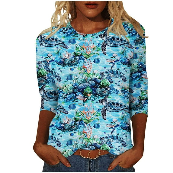 MIUOWANP Women's Fashion Printed T-shirt 3/4 Sleeves Blouse Round Neck Casual Tops New Edition Top Shirt Clearance Deals Blue XL