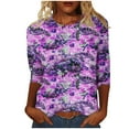 thumbnail image 1 of MIUOWANP Women's Fashion Printed T-shirt 3/4 Sleeves Blouse Round Neck Casual Tops New Edition Top Shirt Clearance Deals Purple L, 1 of 5