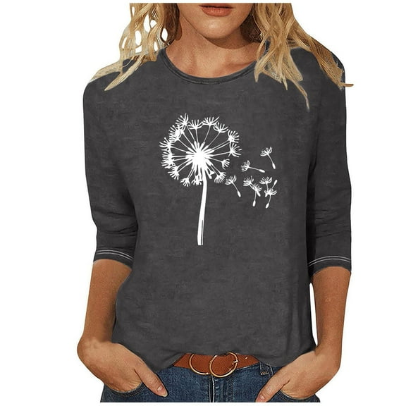 MaFYtyTPR Women's Fashion Tees Casual Crewneck 3/4 Sleeve Loose T Shirt Ladies Tops Blouses Shirts Easy to Mix and Match Blouses Gray S