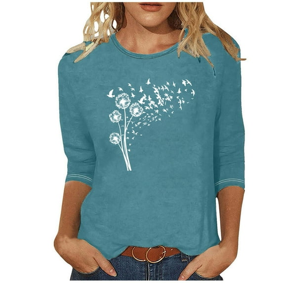 MaFYtyTPR Women's Fashion Tees Casual Crewneck 3/4 Sleeve Loose T Shirt Ladies Tops Blouses Shirts Easy to Mix and Match Blouses Light Blue M