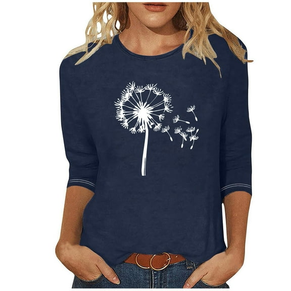 MaFYtyTPR Women's Fashion Tees Casual Crewneck 3/4 Sleeve Loose T Shirt Ladies Tops Blouses Shirts Easy to Mix and Match Blouses Navy XL