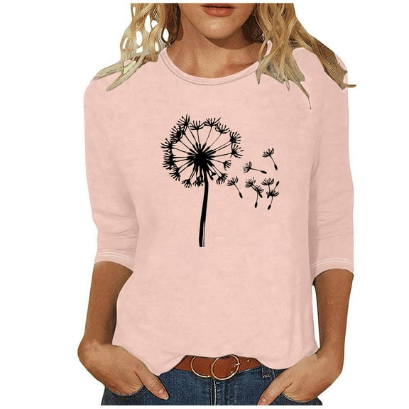 MaFYtyTPR Women's Fashion Tees Casual Crewneck 3/4 Sleeve Loose T Shirt Ladies Tops Blouses Shirts Easy to Mix and Match Blouses Pink L