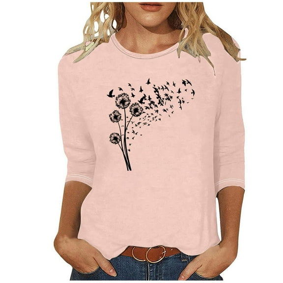 MaFYtyTPR Women's Fashion Tees Casual Crewneck 3/4 Sleeve Loose T Shirt Ladies Tops Blouses Shirts Easy to Mix and Match Blouses Pink XXL