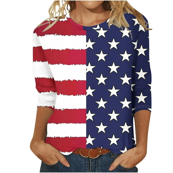 MIUOWANP Women's Fashion Tees Casual Round Neck 3/4 Sleeve Loose T Shirt Ladies Tops Blouses Shirts 2024 Popular New Tops on Sale Blue XXXL