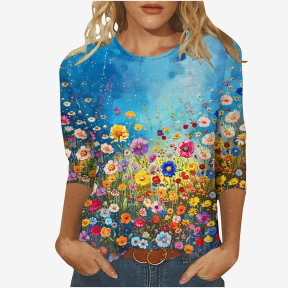 MaFYtyTPR Women's Fashion Vintage Printed T-shirt 3/4 Sleeves Blouse Round Neck Casual Tops Easy to Mix and Match Blouses Light Blue S