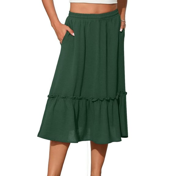 MIUOWANP Women's Flowy Maxi Skirt Summer Beach Pleated High Waisted Casual Long Skirts with Pockets Army Green L
