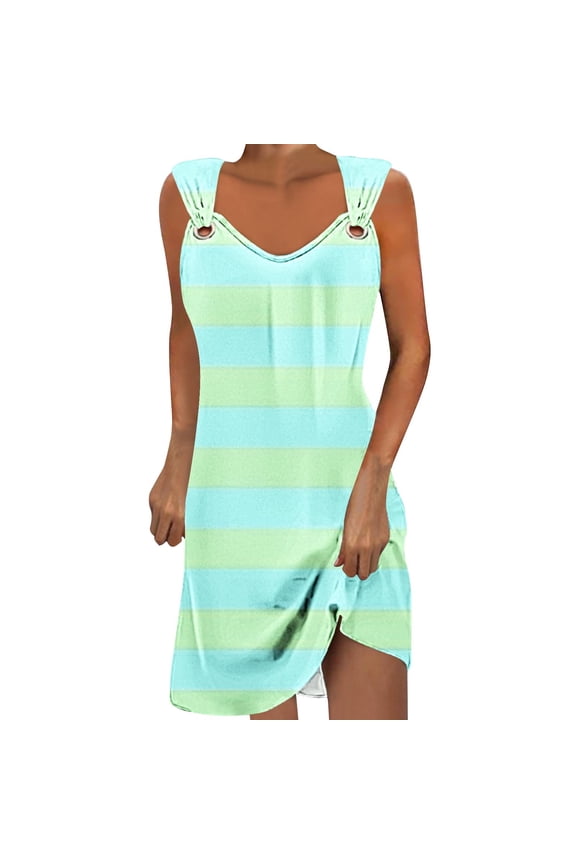 Women's Halter Dresses for Summer Color Blocking Loose Fit Mid Length Dress Size L(8)Blue