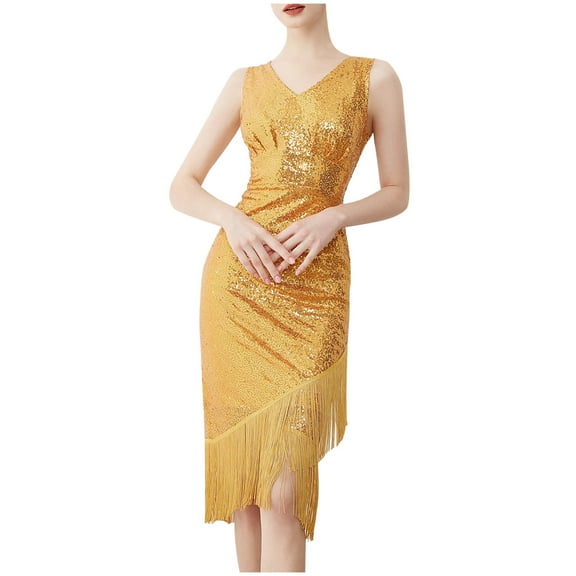 MIUOWANP Women's Halter Dresses for Summer Slim Fit Zippered Sexy Sequin Fringe Evening Gown Dress Size L(8)Gold