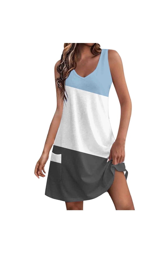 Women's Halter Dresses for Summer with Pockets Color Blocking Sleeveless Camisole Mid Length V-neck Dress Size L(8)Blue