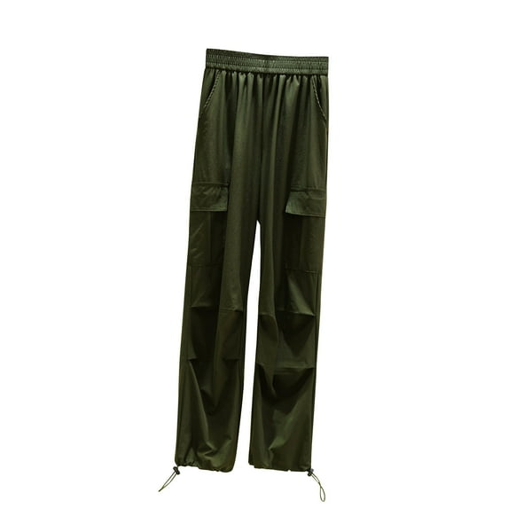 MIUOWANP Women's High Waist Pants with Pockets Solid Color Casual Tie Feet Work Pants Size M(6)Army Green
